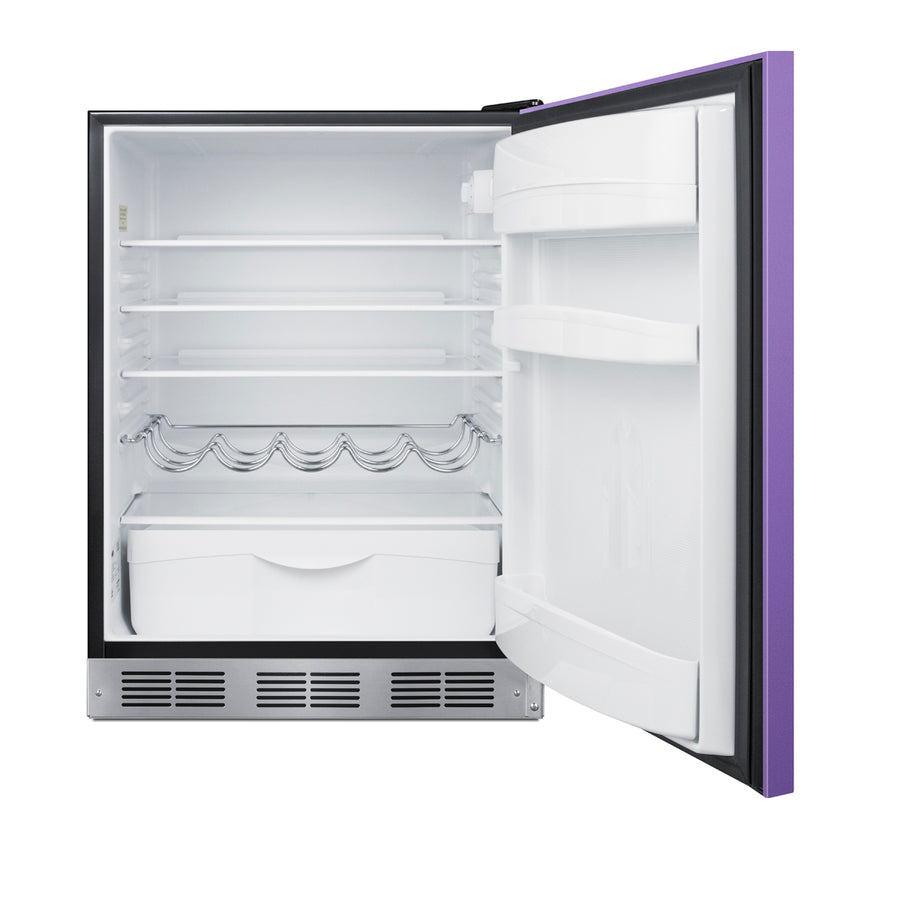 Accucold Undercounter 24" all-refrigerator for residential use with lavender purple door, stainless steel handle, and black cabin (Model BAR631BKPLHD)