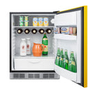 Undercounter 24" all-refrigerator for residential use with saffron gold door, stainless steel handle, and black cabinet 