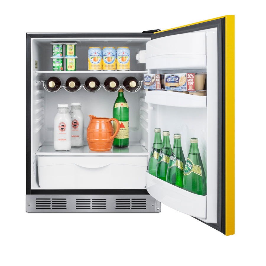 Undercounter 24" all-refrigerator for residential use with saffron gold door, stainless steel handle, and black cabinet 