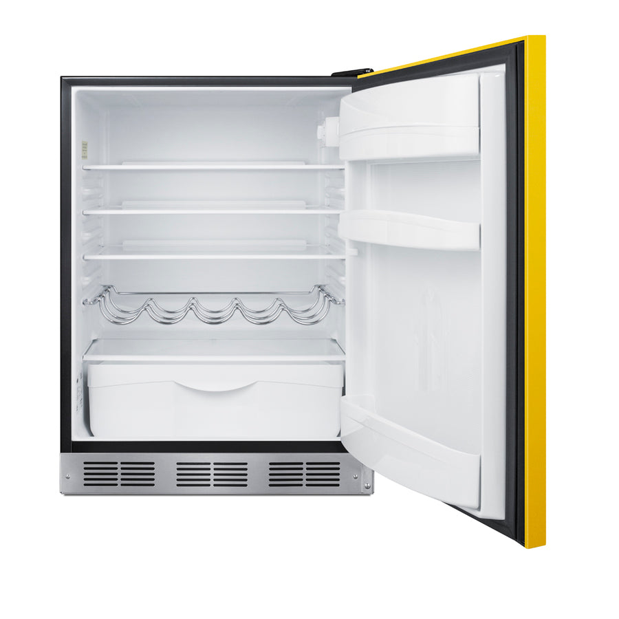 Undercounter 24" all-refrigerator for residential use with saffron gold door, stainless steel handle, and black cabinet 