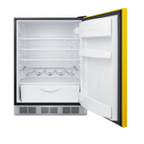 Undercounter 24" all-refrigerator for residential use with saffron gold door, stainless steel handle, and black cabinet 