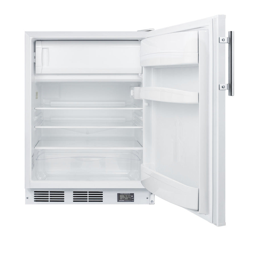 Accucold Counter height break room refrigerator-freezer in white with NIST, Left Hinge – BKRF661LHD - Open