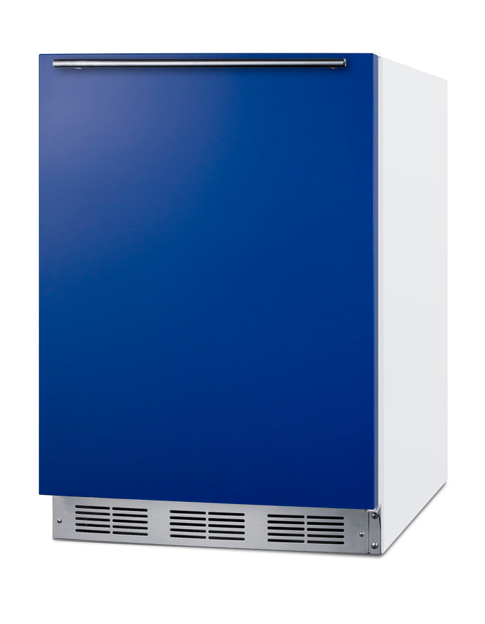 Accucold ADA height 24" refrigerator-freezer for residential use with cobalt blue door, stainless steel handle, and white cabinet, ADA (Model BRF611WHBADALHD)