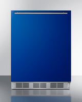 Undercounter 24" refrigerator-freezer for residential use with cobalt blue door, stainless steel handle, and white cabin