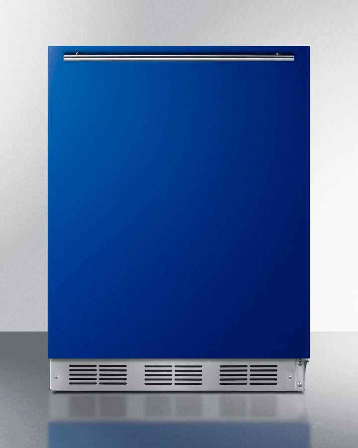 Undercounter 24" refrigerator-freezer for residential use with cobalt blue door, stainless steel handle, and white cabin