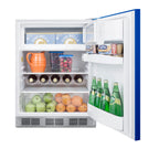 Undercounter 24" refrigerator-freezer for residential use with cobalt blue door, stainless steel handle, and white cabin