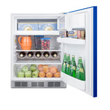Undercounter 24" refrigerator-freezer for residential use with cobalt blue door, stainless steel handle, and white cabin