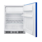 Undercounter 24" refrigerator-freezer for residential use with cobalt blue door, stainless steel handle, and white cabin