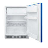 Undercounter 24" refrigerator-freezer for residential use with cobalt blue door, stainless steel handle, and white cabin