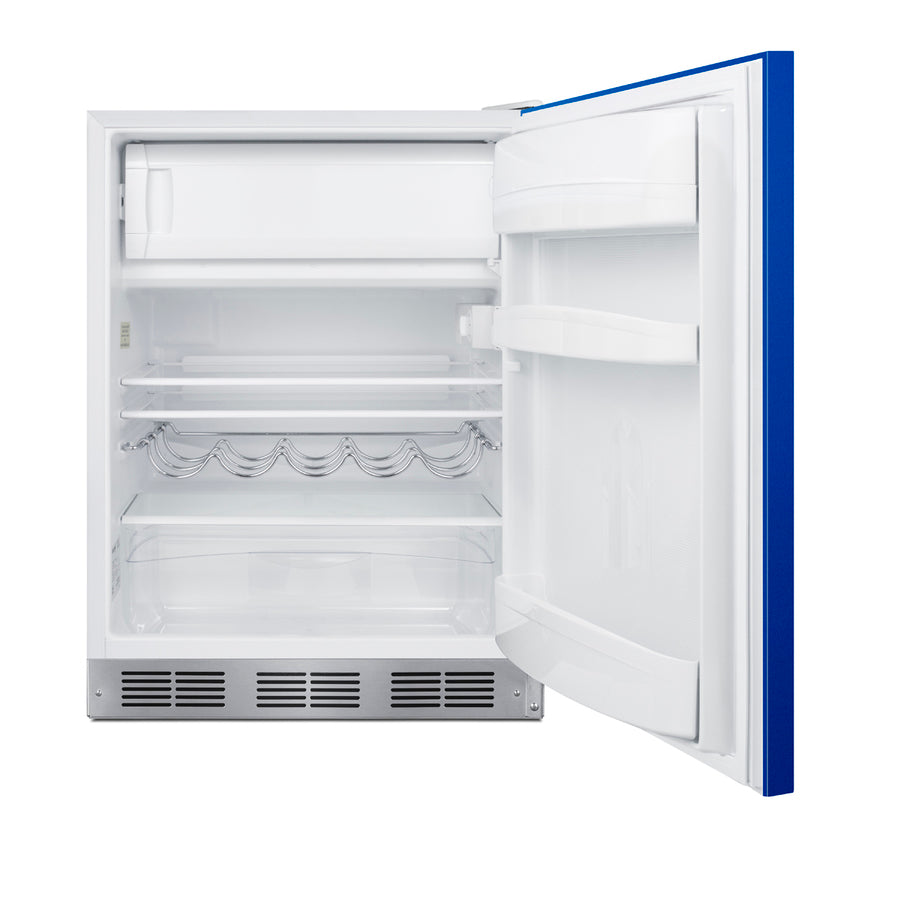 Undercounter 24" refrigerator-freezer for residential use with cobalt blue door, stainless steel handle, and white cabin