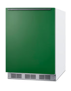 ADA height 24" refrigerator-freezer for residential use with emerald green door, stainless steel handle, and white cabin
