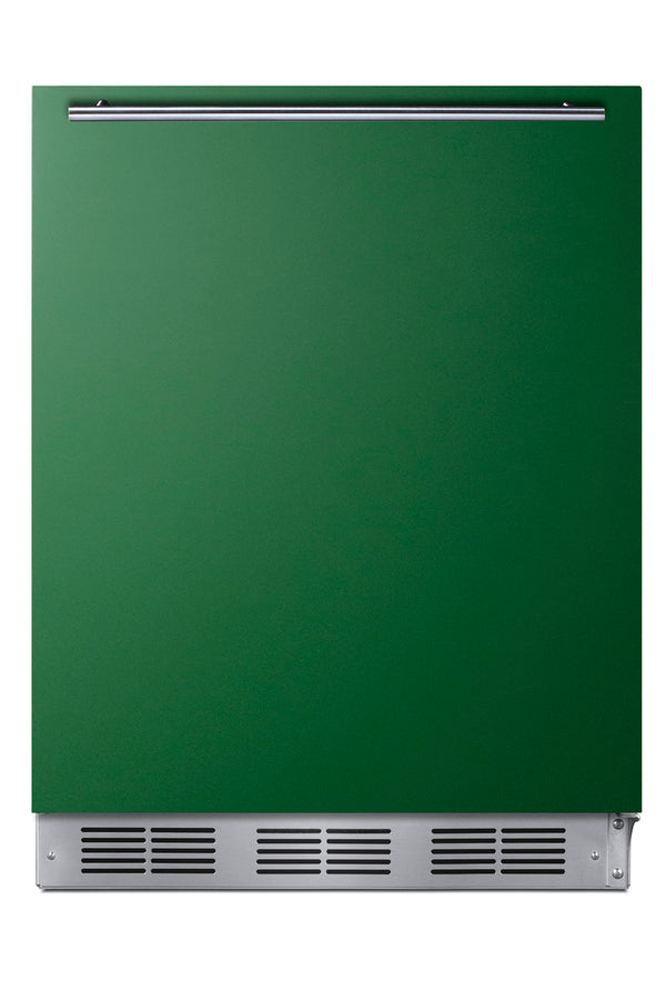 Accucold ADA height 24" refrigerator-freezer for residential use with emerald green door, stainless steel handle, and white cabin, ADA (Model BRF611WHGADA)