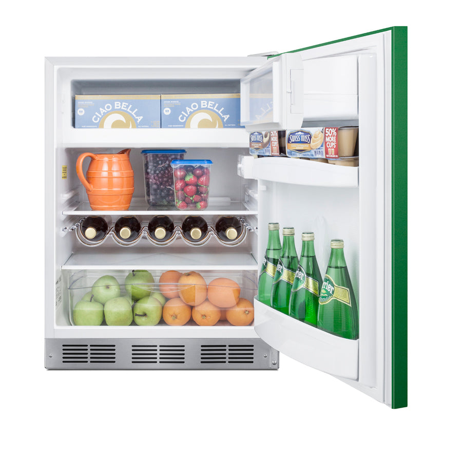 ADA height 24" refrigerator-freezer for residential use with emerald green door, stainless steel handle, and white cabin