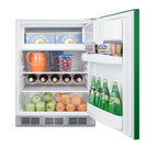 Accucold ADA height 24" refrigerator-freezer for residential use with emerald green door, stainless steel handle, and white cabin, ADA (Model BRF611WHGADA)