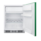 ADA height 24" refrigerator-freezer for residential use with emerald green door, stainless steel handle, and white cabin
