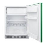 ADA height 24" refrigerator-freezer for residential use with emerald green door, stainless steel handle, and white cabin