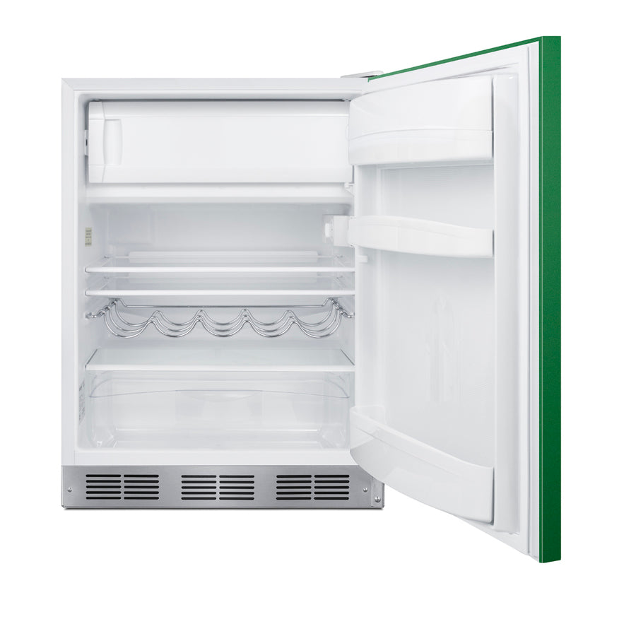 ADA height 24" refrigerator-freezer for residential use with emerald green door, stainless steel handle, and white cabin