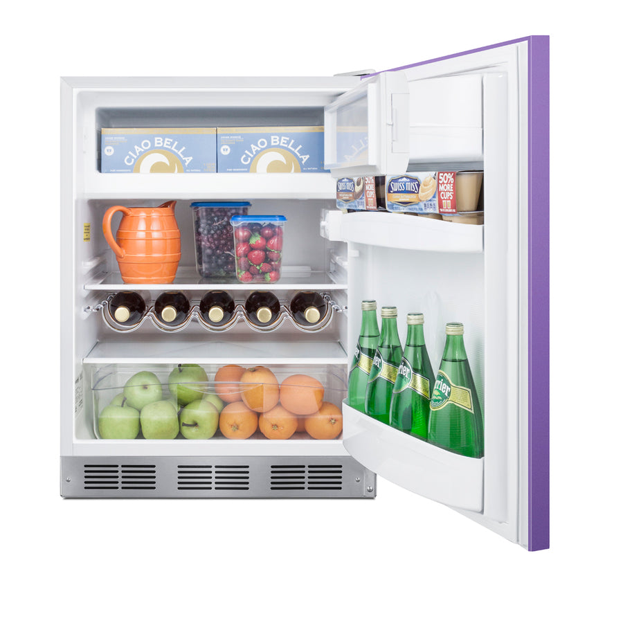 ADA height 24" refrigerator-freezer for residential use with lavender purple door, stainless steel handle, and white ca,