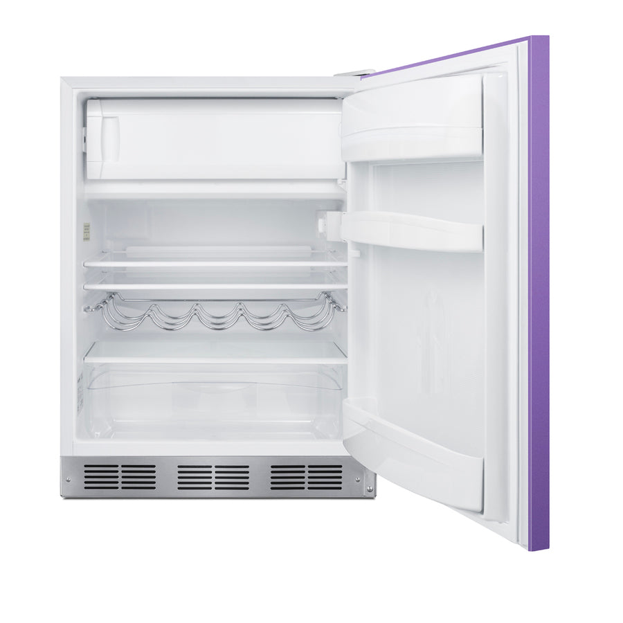 ADA height 24" refrigerator-freezer for residential use with lavender purple door, stainless steel handle, and white ca,