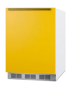 ADA height 24" refrigerator-freezer for residential use with saffron gold door, stainless steel handle, and white cabine - Angle
