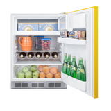 Undercounter 24" refrigerator-freezer for residential use with saffron gold door, stainless steel handle, and white cabi