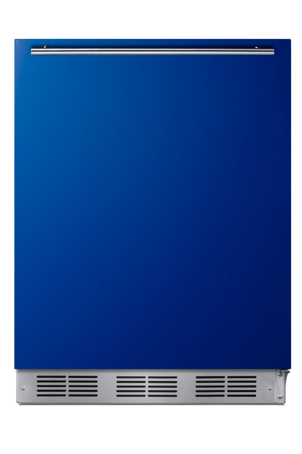 Accucold ADA height 24" refrigerator-freezer for residential use with cobalt blue door, stainless steel handle, and black cabinet, ADA (Model BRF631BKBADALHD)
