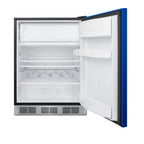 Accucold ADA height 24" refrigerator-freezer for residential use with cobalt blue door, stainless steel handle, and black cabinet, ADA (Model BRF631BKBADALHD)