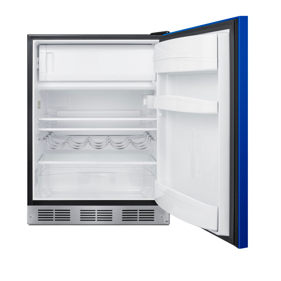 Accucold ADA height 24" refrigerator-freezer for residential use with cobalt blue door, stainless steel handle, and black cabinet, ADA (Model BRF631BKBADALHD)