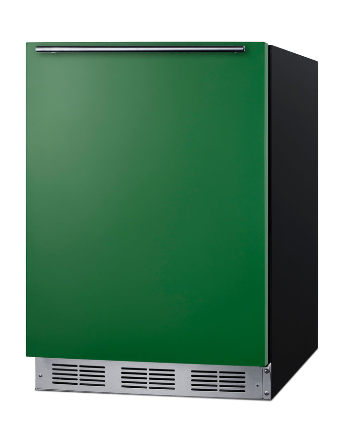 ADA height 24" refrigerator-freezer for residential use with emerald green door, stainless steel handle, and black cabin