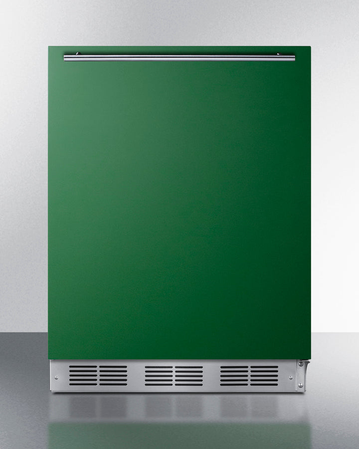 ADA height 24" refrigerator-freezer for residential use with emerald green door, stainless steel handle, and black cabin
