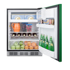 ADA height 24" refrigerator-freezer for residential use with emerald green door, stainless steel handle, and black cabin