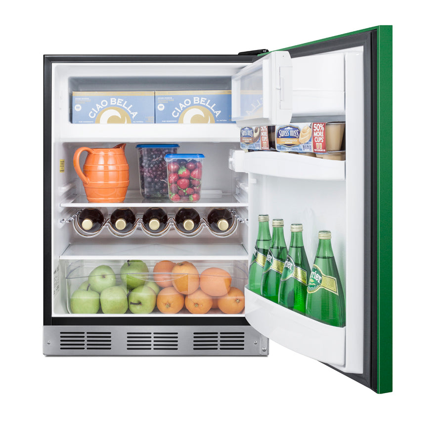 ADA height 24" refrigerator-freezer for residential use with emerald green door, stainless steel handle, and black cabin
