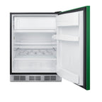 ADA height 24" refrigerator-freezer for residential use with emerald green door, stainless steel handle, and black cabin