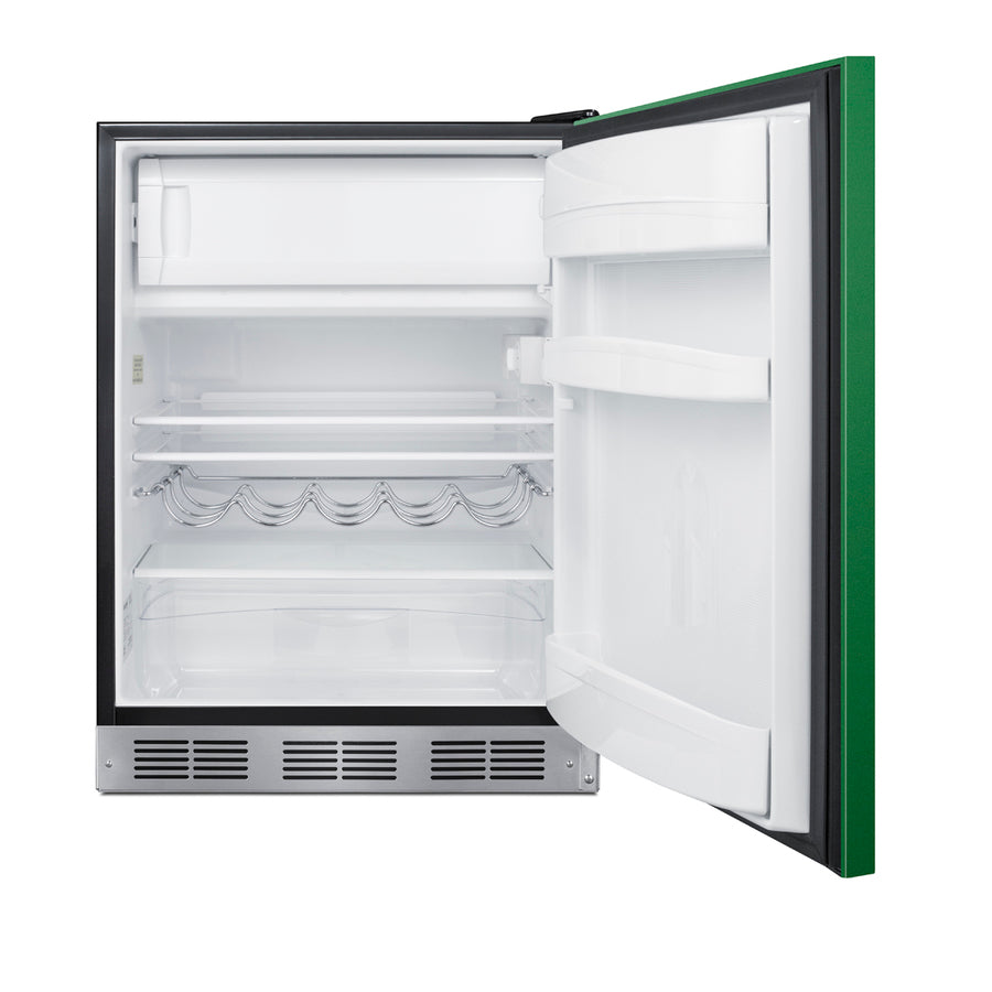 ADA height 24" refrigerator-freezer for residential use with emerald green door, stainless steel handle, and black cabin