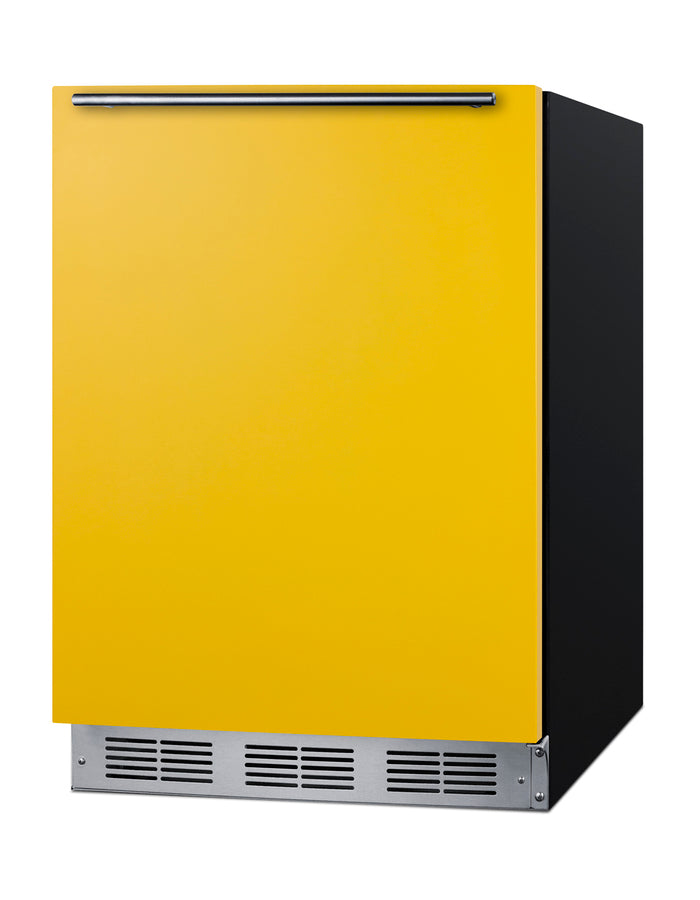 Undercounter 24" refrigerator-freezer for residential use with saffron gold door, stainless steel handle, and black cabi