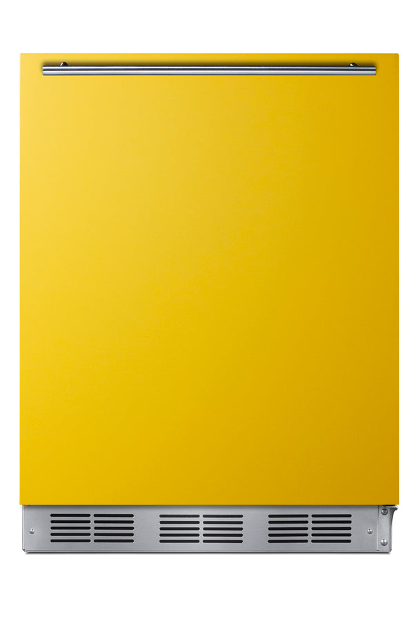 Accucold Undercounter 24" refrigerator-freezer for residential use with saffron gold door, stainless steel handle, and black cabi (Model BRF631BKYLHD)