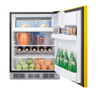 Accucold Undercounter 24" refrigerator-freezer for residential use with saffron gold door, stainless steel handle, and black cabi (Model BRF631BKYLHD)