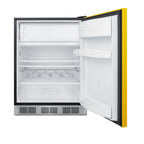 ADA height 24" refrigerator-freezer for residential use with saffron gold door, stainless steel handle, and black cabine - Open