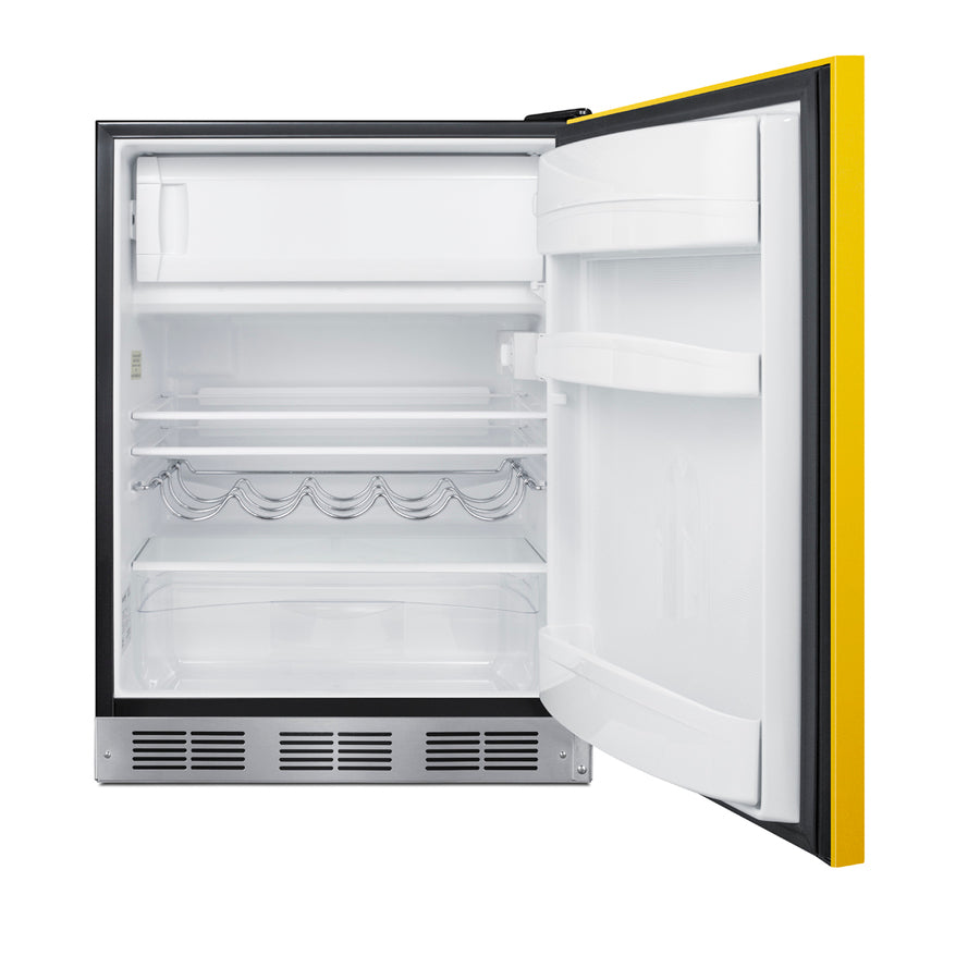ADA height 24" refrigerator-freezer for residential use with saffron gold door, stainless steel handle, and black cabine - Open