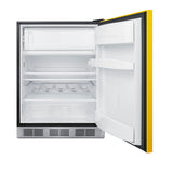 Undercounter 24" refrigerator-freezer for residential use with saffron gold door, stainless steel handle, and black cabi