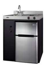 30" wide all-in-one kitchenette with 2-burner 115V coil cooktop, refrigerator-freezer, sink, and storage cabinet (Model C30ELBK) - Angle