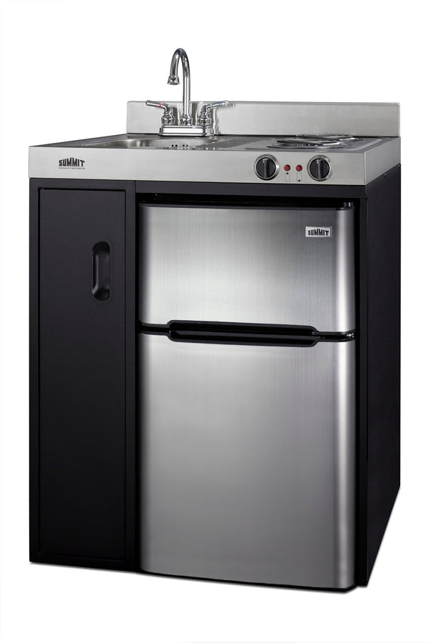 30" wide all-in-one kitchenette with 2-burner 115V coil cooktop, refrigerator-freezer, sink, and storage cabinet (Model C30ELBK) - Angle
