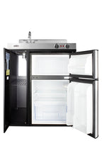 30" wide all-in-one kitchenette with 2-burner 115V coil cooktop, refrigerator-freezer, sink, and storage cabinet (Model C30ELBK) - Open