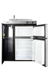 30" wide all-in-one kitchenette with 2-burner 115V coil cooktop, refrigerator-freezer, sink, and storage cabinet (Model C30ELBK) - Open