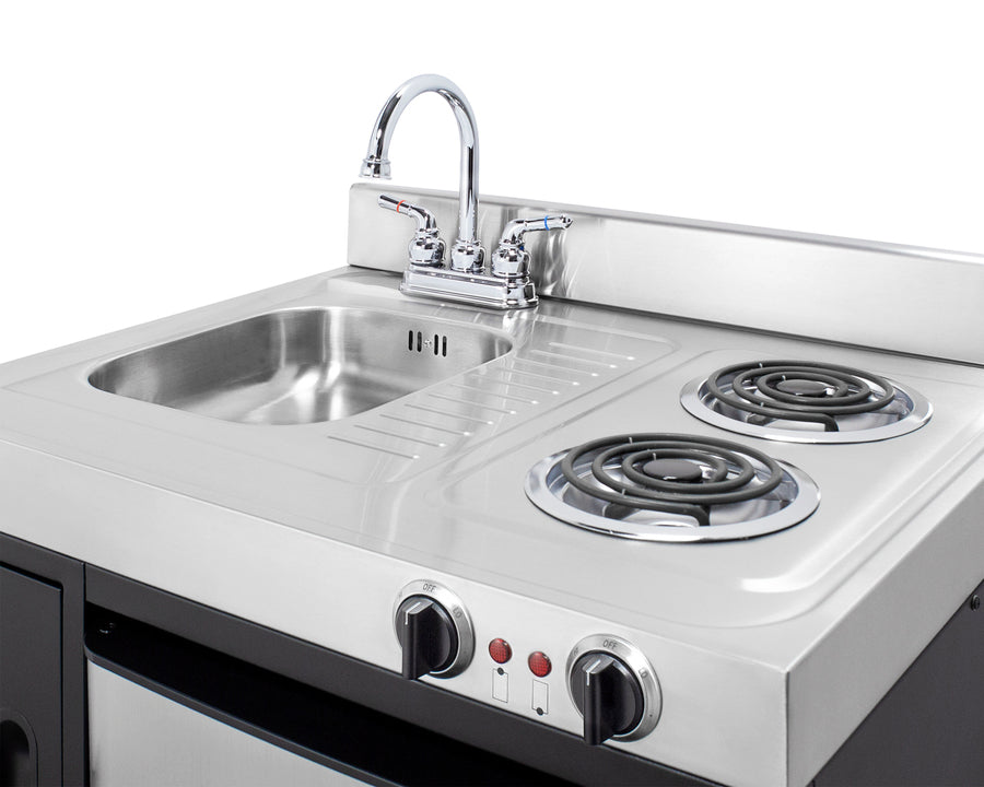 30" wide all-in-one kitchenette with 2-burner 115V coil cooktop, refrigerator-freezer, sink, and storage cabinet (Model C30ELBK) - Detail