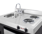 30" wide all-in-one kitchenette with 2-burner 115V coil cooktop, refrigerator-freezer, sink, and storage cabinet (Model C30ELBK) - Detail