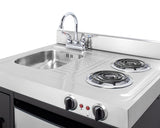 30" wide all-in-one kitchenette with 2-burner 115V coil cooktop, refrigerator-freezer, sink, and storage cabinet (Model C30ELBK) - Detail