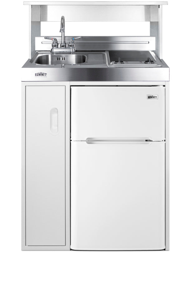 30" wide all-in-one kitchenette with 2-burner 115V smooth-top cooktop, refrigerator-freezer, sink, and storage cabinet - AP