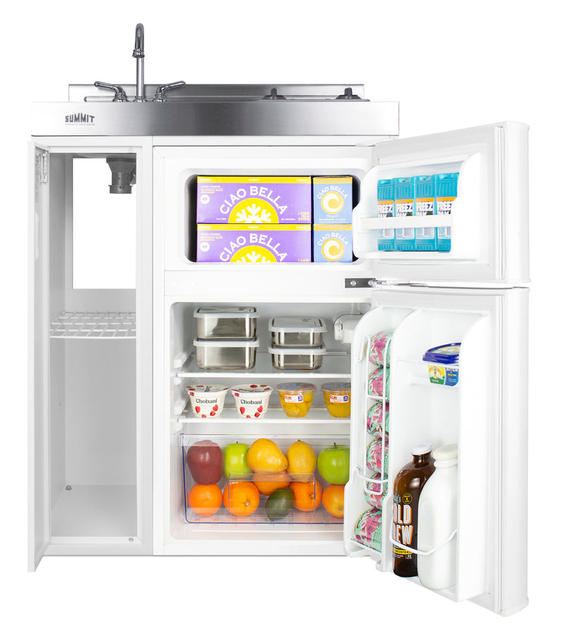 30" wide all-in-one kitchenette with 2-burner 115V smooth-top cooktop, refrigerator-freezer, sink, and storage cabinet - Full