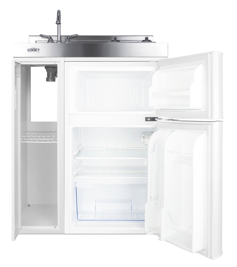 30" wide all-in-one kitchenette with 2-burner 115V smooth-top cooktop, refrigerator-freezer, sink, and storage cabinet - Open